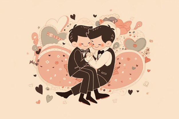 Foto casal de anime gay dentro de ilustração de coração abstrato valentine fundo romântico