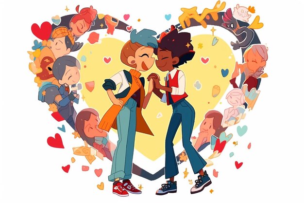 Casal de anime lésbicas dentro de ilustração de coração floral fundo romântico de valentino