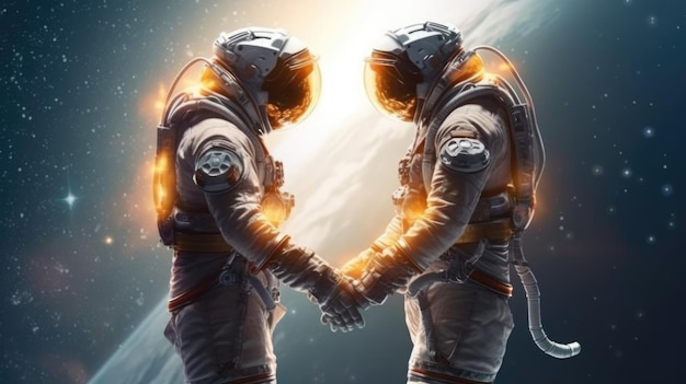 Casal de astronautas segurando as mãos um do outro no espaço céu fundo imaginação de amor paixão fantasia Generative AI imagem weber
