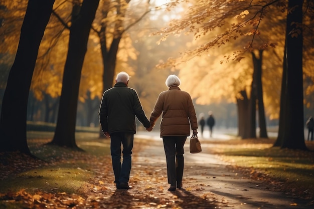 casal de avós caminhando no parque de outono