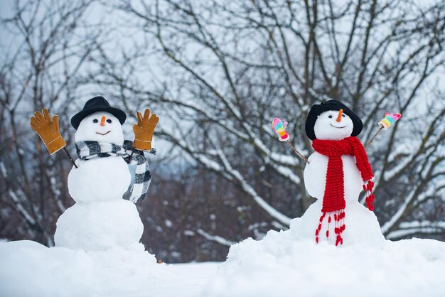 Casal de boneco de neve apaixonado, divirta-se no Natal ou no ano novo, confie no amor, desfrutando de um bom fim de semana juntos.