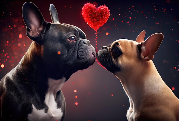 Casal de buldogues franceses se beijando com fundo de emoção de ícone de coração vermelho conceito de animal de estimação e animal conceito de festival de dia dos namorados ia generativa