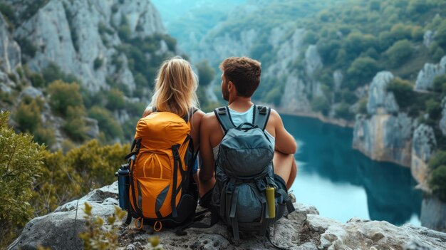 Foto casal de caminhadas com mochilas descansa no pico da montanha desfrutando da vista do vale