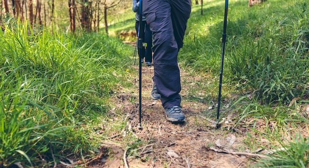 Casal de caminhantes fazendo trekking