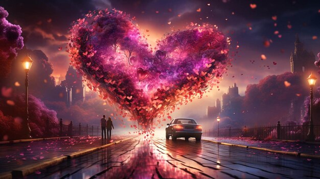 Foto casal de casamento 3d de pé no meio da estrada muitas cores amor coração em torno deles
