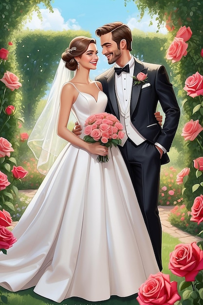 Casal de casamento homem usar smoking e mulher olhar um para o outro sorriso feliz jardim de rosas românticas
