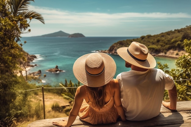 Casal de chapéu relaxando e admirando a vista para o mar AI