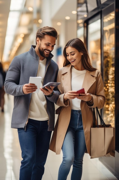 Casal de compradores fazendo compras segurando sacolas coloridas em shopping center ai generativo