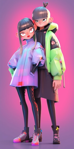 Casal de desenhos animados de menina e menino asiáticos em roupas coloridas