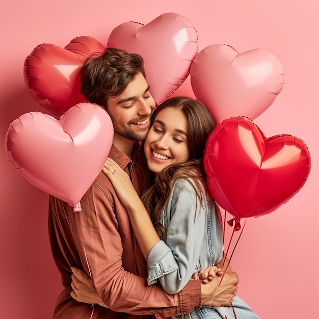 Foto casal de dia dos namorados com balões de coração casal adorável