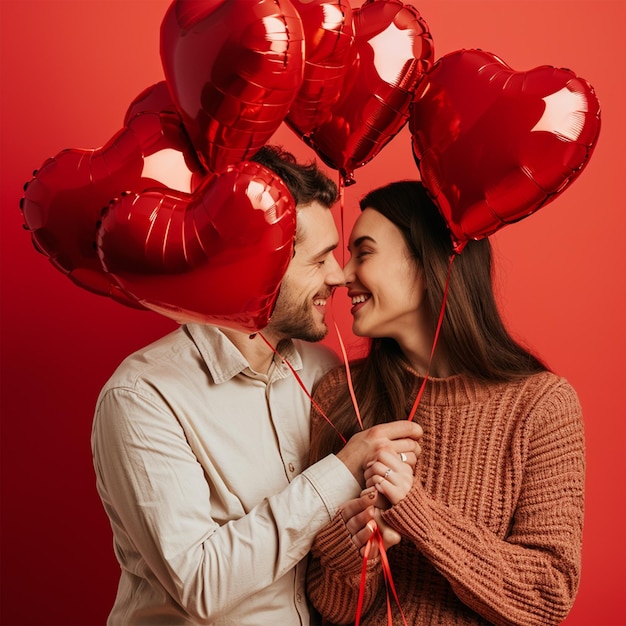 Casal de Dia dos Namorados com balões de coração casal adorável