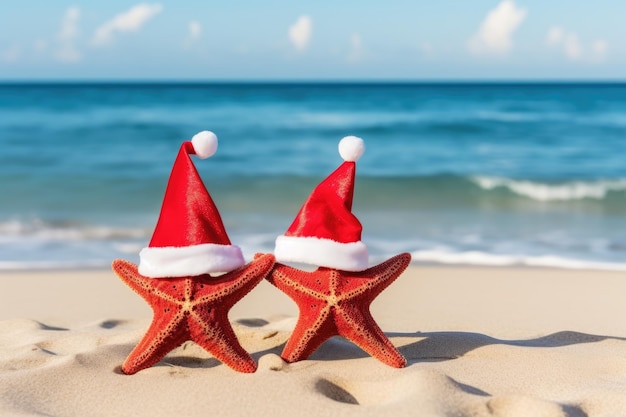 Casal de estrelas-do-mar com chapéus vermelhos de Papai Noel