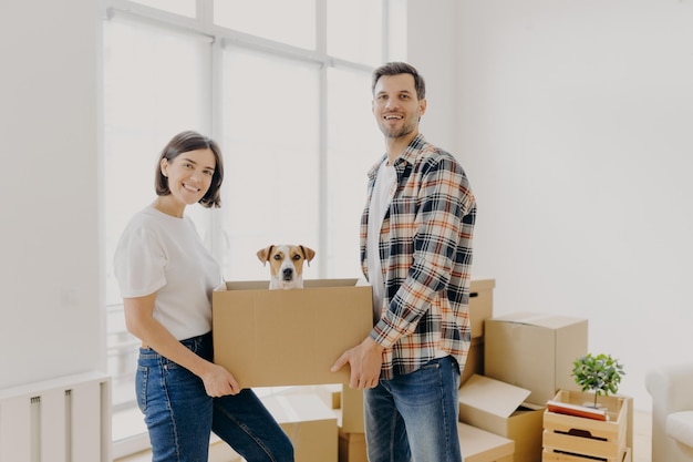 Casal de família feliz segura caixa de papelão com cachorro pequeno fica dentro de casa contra grande janela feliz por se tornar proprietário desembalar as coisas no próprio apartamento olha com prazer para a câmera Dia da mudança em família