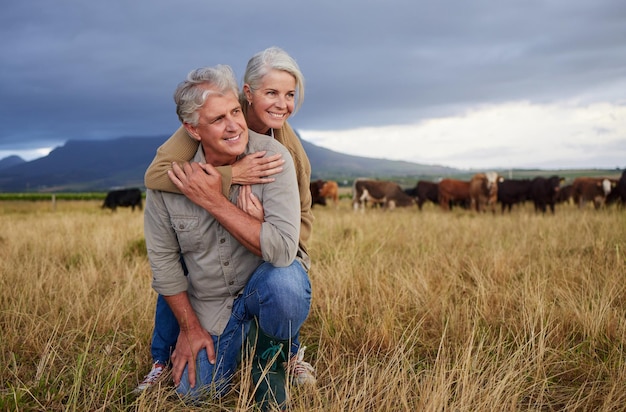 Casal de fazendeiros sênior trabalhando em fazenda de vacas no campo para carne bovina e indústria de alimentos para gado no campo de sustentabilidade agricultura ambiente e terra natural Idosos felizes cultivando animais