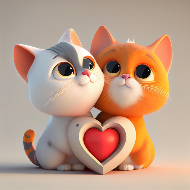 Casal de gatos apaixonados por ilustração de renderização 3d de cartão de dia dos namorados de corações