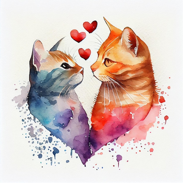 Casal de gatos apaixonados por ilustração em aquarela de cartão de dia dos namorados de corações