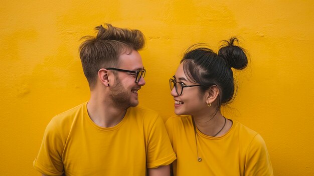 Foto casal de homem e mulher brancos caucasianos usando óculos em foto de estúdio com roupas e bg amarelo