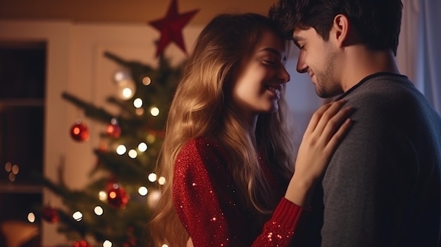 casal de homem e mulher na árvore de Natal com luzes de Natal e decorações Feliz Natal