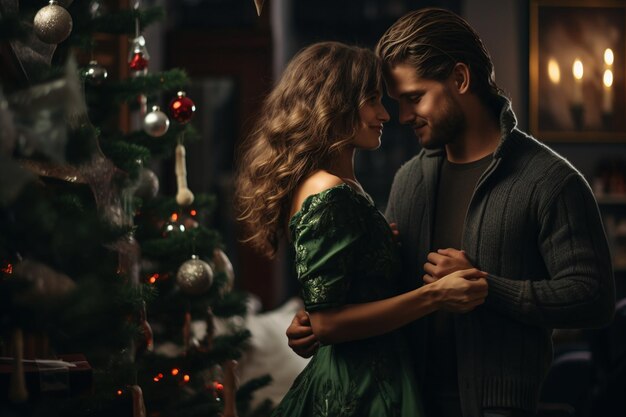 casal de homem e mulher na árvore de Natal com luzes de Natal e decorações Feliz Natal