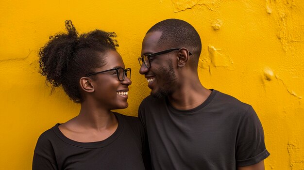 Foto casal de homem e mulher pretos vestindo roupas pretas e óculos em um fundo amarelo