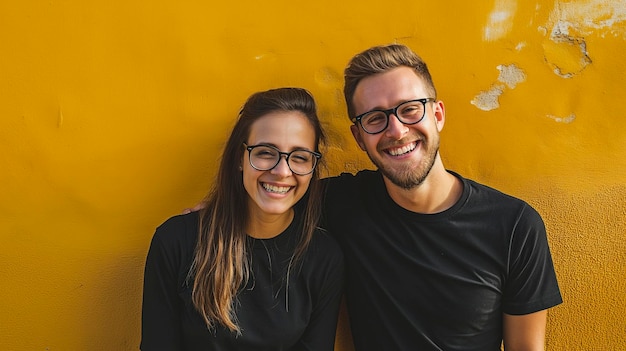 casal de homem e mulher vestindo roupas pretas e óculos em um fundo amarelo