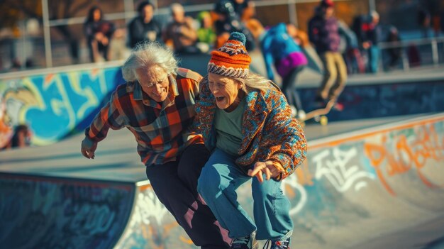 Foto casal de idosos a brincar no parque de skate pragma