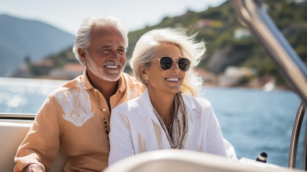 casal de idosos a desfrutar de um barco na água