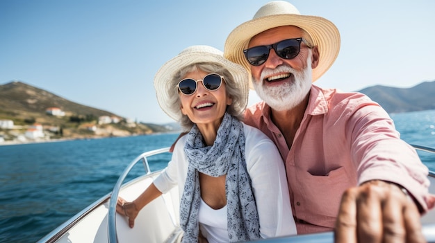 casal de idosos a desfrutar de um barco na água