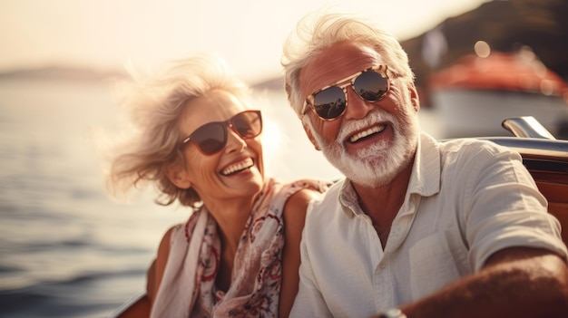 casal de idosos a desfrutar de um barco na água