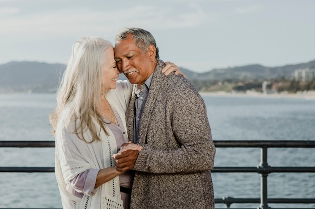 Casal de idosos alegres dançando no cais de Santa Monica