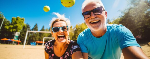 Foto casal de idosos aposentados ativos está jogando tênis no parque bandeira de estilo de vida saudável generative ai