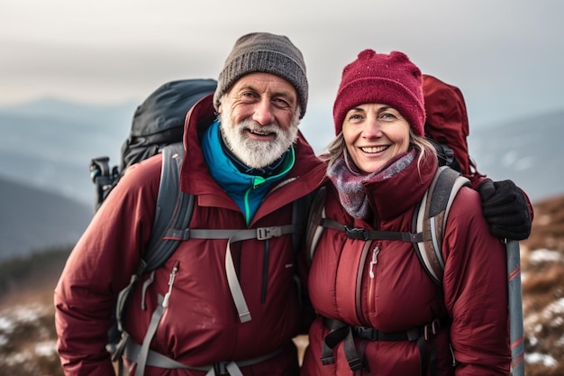 Casal de idosos aventureiros embarca em uma alegre expedição de trekking nas Montanhas Majestic
