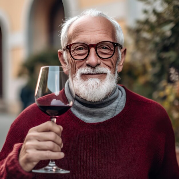 Casal de idosos bebendo vinho tinto na cidade se divertindo IA generativa