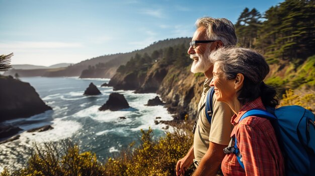 Foto casal de idosos caminhando explorando a deslumbrante costa do pacífico ia generativa