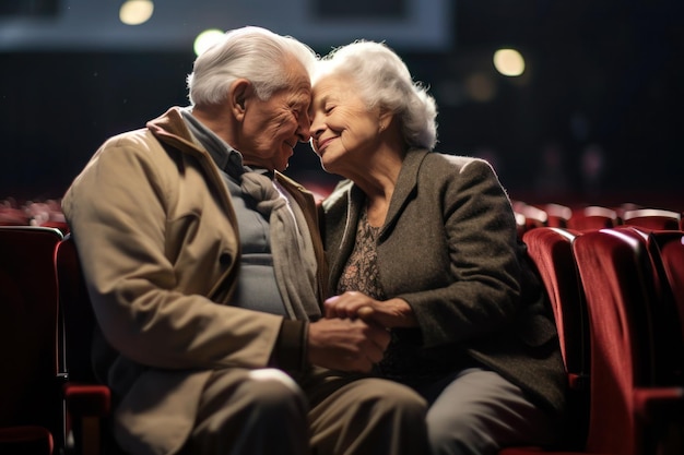 Casal de idosos com cabelos grisalhos se beijando suavemente no cinema gerado por IA