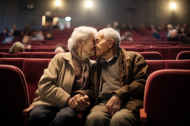 Casal de idosos com cabelos grisalhos se beijando suavemente no cinema gerado por IA