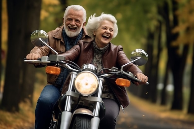 Casal de idosos curtindo um passeio de motocicleta Generative Ai