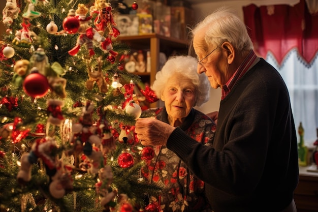 Casal de idosos decorando uma grande árvore de Natal