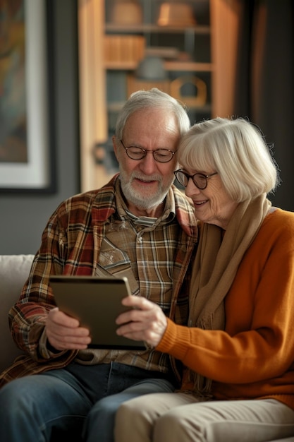 Casal de idosos em casa segurando um tablet digital durante uma videochamada com a família