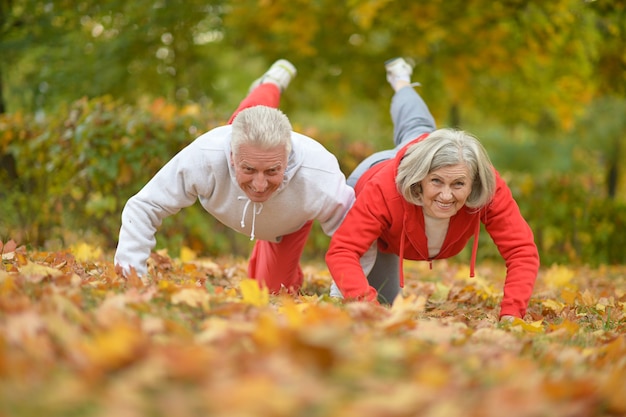 Casal de idosos em forma feliz se exercitando no parque outono