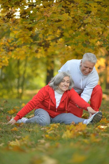 Casal de idosos em forma feliz se exercitando no parque outono