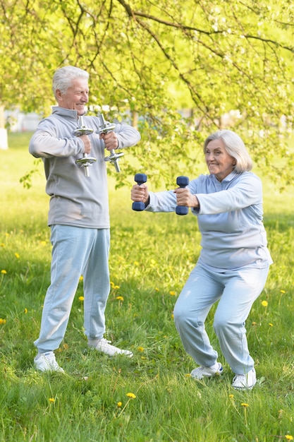 Casal de idosos em forma feliz se exercitando no parque