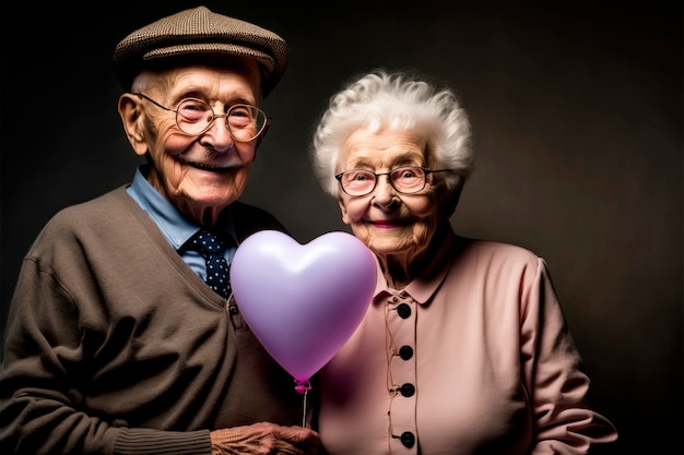 Casal de idosos em uma foto de estúdio segurando um balão em forma de coração Generative AI