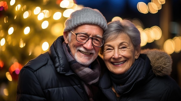 Casal de idosos em uma rua na véspera de Natal sorrindo e posando