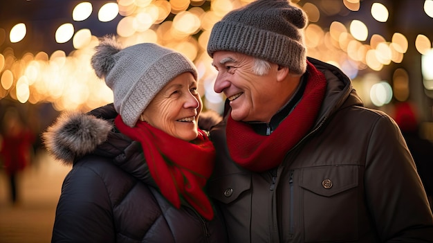 Casal de idosos em uma rua na véspera de Natal sorrindo e posando