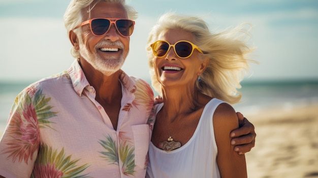 Casal de idosos feliz juntos abraçados na praia Retrato em close-up Férias de aposentados Velhice feliz Viajando imagem gerada por IA