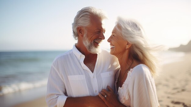 Casal de idosos feliz juntos abraçados na praia Retrato em close-up Férias de aposentados Velhice feliz Viajando imagem gerada por IA