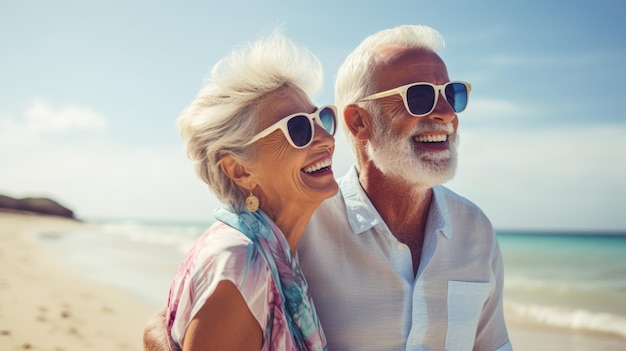 Casal de idosos feliz juntos abraçados na praia Retrato em close-up Férias de aposentados Velhice feliz Viajando imagem gerada por IA