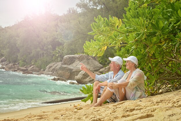 Casal de idosos felizes descansando em uma praia tropical, homem apontando