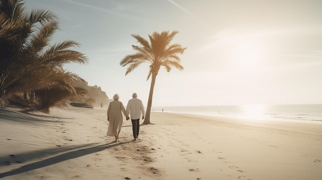 Casal de idosos fofo feliz andando pela praia de mãos dadas durante as férias ou férias